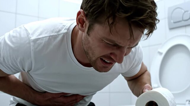 Sick man holding his stomach in pain while sitting on the toilet. Person experiencing symptoms of food poisoning or indigestion