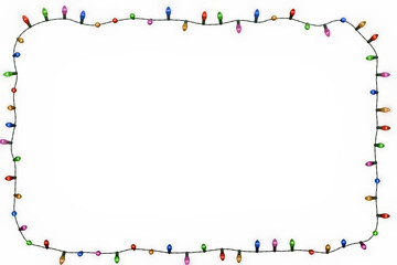 Obraz premium Christmas garlands, isolated. New Year. Colored light bulbs on a wire. Christmas. Garlands of light bulbs. Decorating garlands of colored light bulbs. Christmas bulbs. 3D render.