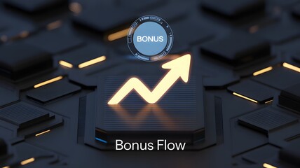 Financial Growth and Incentive Program: Glowing Arrow Graph Showing Upward Trend Leading to a Circular "Bonus" Icon for Reward or Loyalty Flow 