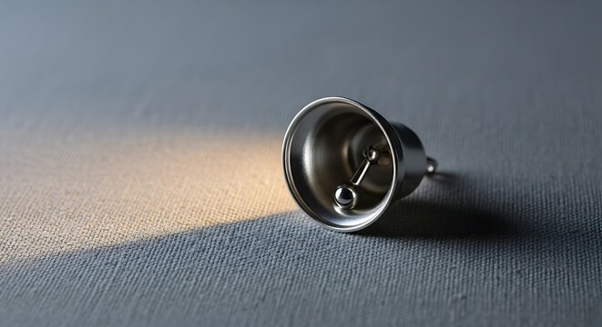 Gleaming metal bell rests on textured surface with dramatic light and shadow