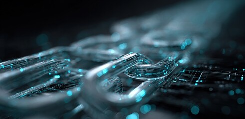 Digital chain link illuminated by blue light reveals technology in a modern setting