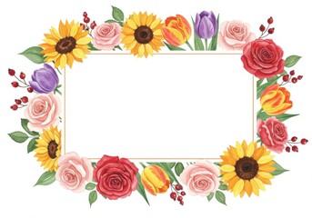 Obraz premium Vibrant Watercolor Floral Frame Border with Sunflowers, Roses, and Tulips on a White Background