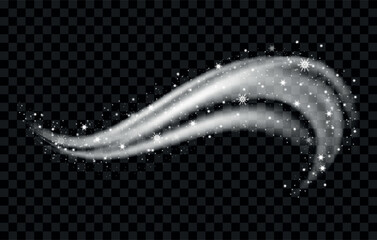 Obraz premium Abstract swirling white smoke trail with sparkling glitter particles on dark background