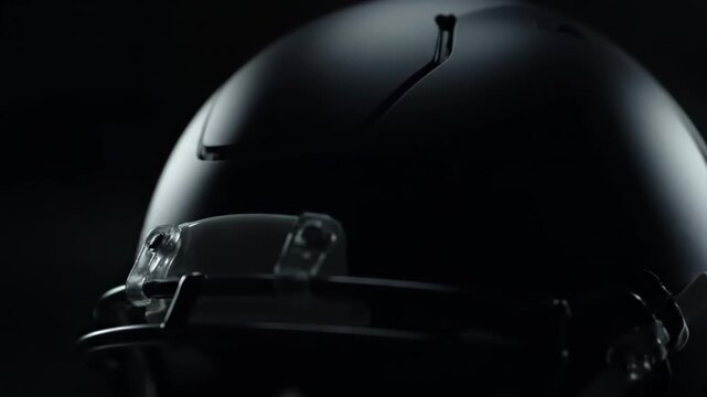 Extreme close up of a matte black american football helmet rotating in a dark studio. The shot highlights its modern and aggressive design