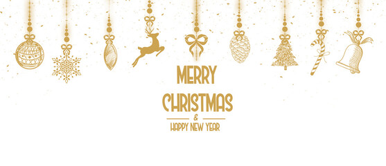 Golden Christmas ornaments frame surrounds “Merry Christmas” and “Happy New Year” text. Hanging decorations create a festive holiday border design on a transparent background.
