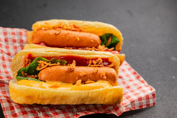 Hotdog fried onions, sausage, bun, sauce fast food tasty snack fresh delicious gourmet food background on the table rustic top view copy space