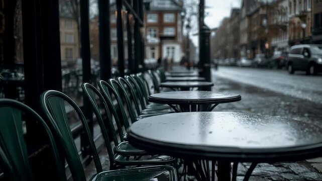 Empty Wet Cafe Tables and Green Chairs on Rainy City Street Sidewalk