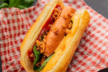 Hotdog fried onions, sausage, bun, sauce fast food tasty snack fresh delicious gourmet food background on the table rustic top view copy space