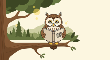 Cute cartoon owl character sitting on a brown branch of a tree, a funny design illustration for wildlife and nature art