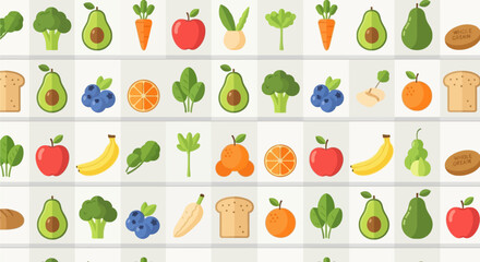 Colorful cartoon vector illustration of an abstract pattern set with Easter eggs and healthy fruit, food, and vegetable icons