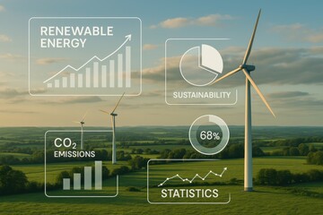 Wind turbines generating renewable energy with infographics on sustainability, CO2 emissions, and statistics, highlighting the importance of green energy solutions.