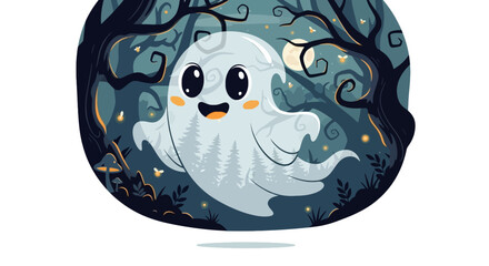 Cute cartoon vector illustration of a funny easter egg with a blue ribbon, surrounded by small easter eggs, swimming in the sea with fish and nature symbols