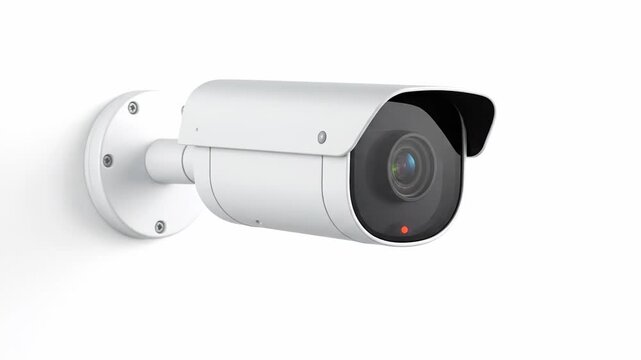 Contemporary security camera system spinning against a clean white backdrop. State of the art technology for safeguarding residential and commercial properties