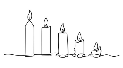 Continuous one line drawing of five light candles isolated on white background