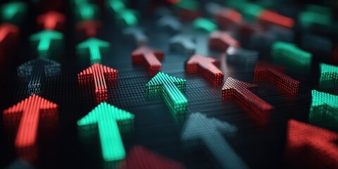 Colorful arrows in green and red direction, creating a dynamic pattern in a digital environment with a dark background