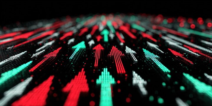 Colorful digital arrows indicating growth and progress in a vibrant abstract design during nighttime