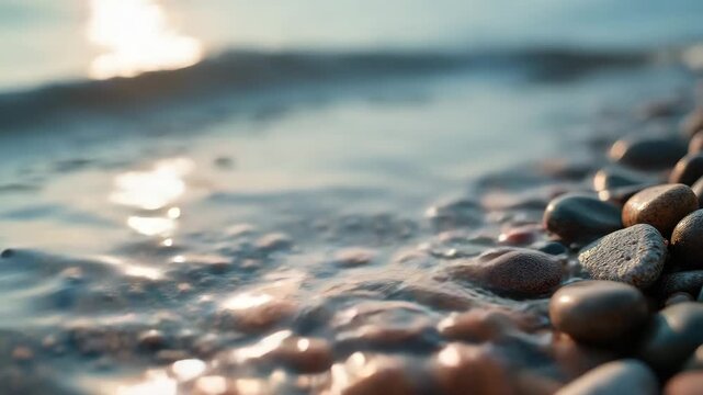 Wave slowly rolls onto pebbles on the shore in blue, beige, and brown tones with sun glare against serene beach background