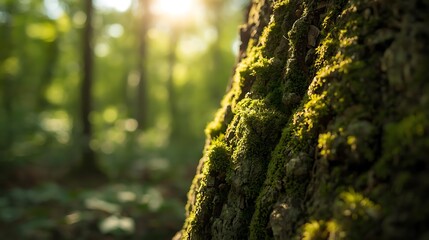 Obraz premium Close-up of Tree Bark Covered in Moss with Sunlight in the Forest