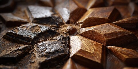 Intricate wooden carving displaying detailed textures and patterns from a craft workshop