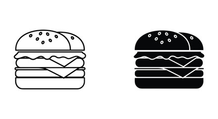 Fast food burger outline and solid icon set, quick meal symbol vector graphic