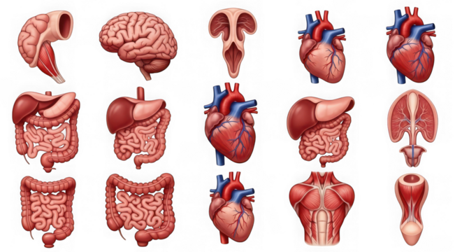 Human organs, including heart, brain, and intestine