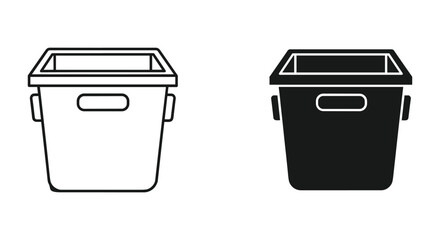 Square bin icon set: outline and solid black versions for storage or waste