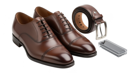 A pair of brown leather oxford shoes with a matching leather belt and a small rectangular object, isolated on transparent background