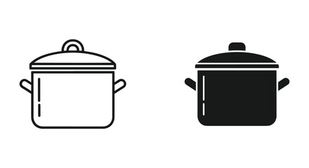 Cooking pot icon set with outlined and solid black designs, kitchen utensil