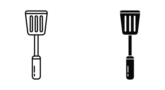 Spatula kitchen utensil outline and solid icon set for cooking and serving food.
