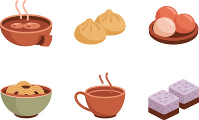 Flat vector icons for dining, featuring hot pot, dishes, food, representing traditional Asian communal meals and soup,