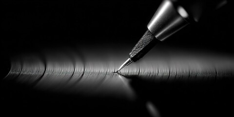 Close-up view of a pen tip gliding over a smooth, dark surface in a creative writing session