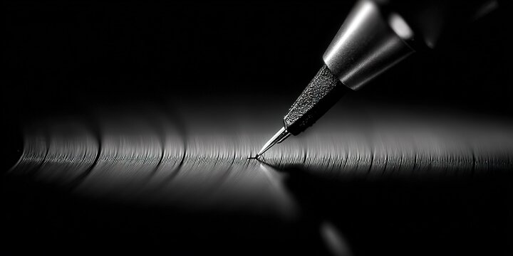 Close-up view of a pen tip gliding over a smooth, dark surface in a creative writing session