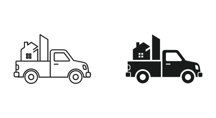 Real estate moving service icon. pickup truck carrying house and building symbols isolated.