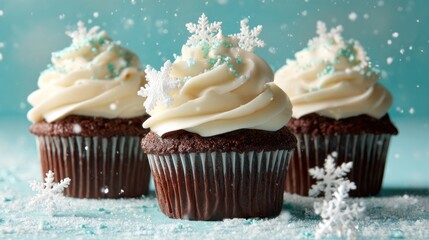 Three chocolate cupcakes with white frosting and snowflake sprinkles on blue