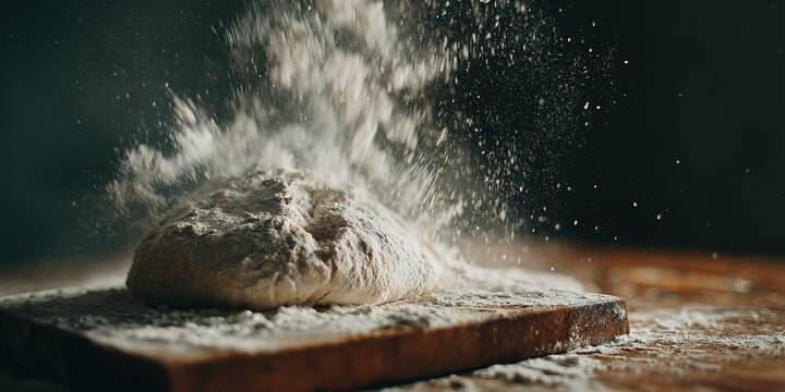 Baking dough on a wooden board as flour dust swirls in the warm kitchen light during a quiet afternoon