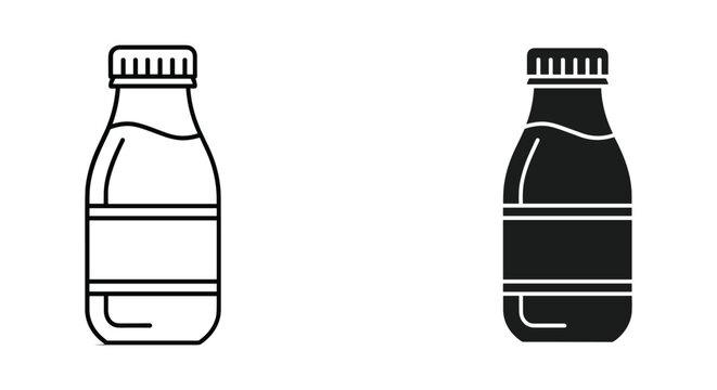 Milk bottle icon with cap and blank label, outline and solid variations