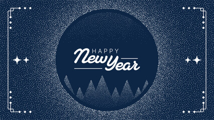Happy New Year typography on blue background with white dots and stylized snowy mountains. Winter holiday greeting card design.