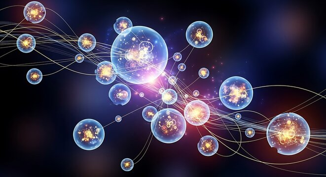 Artistic depiction of interconnected spheres with glowing centers and flowing lines, representing complex systems.