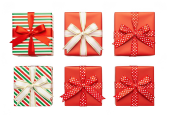 A collection of six wrapped gift boxes with red and green wrapping paper and bows, isolated on transparent background
