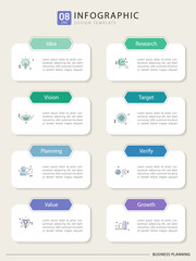 Timeline Creator infographic template. 8 Step timeline journey, calendar Flat simple infographics design template. presentation graph. Business concept with 8 options, gantt vector illustration.