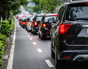 Naklejka premium Cars in a traffic jam on a road lined with trees and greenery congestion