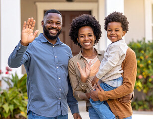 Happy black family waving in front of home