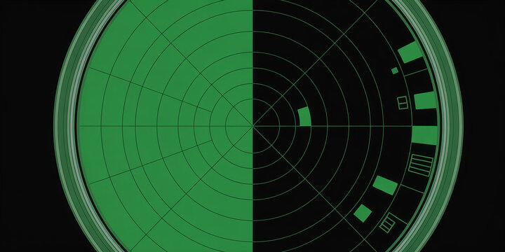Circular radar screen with green grid and target indicators display technology