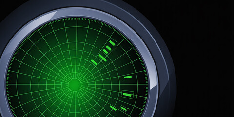 Close-up of a green radar screen with blips and grid lines display technology
