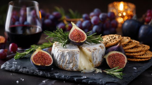 Elegant cheese platter with figs, grapes, wine, and crackers on a dark slate