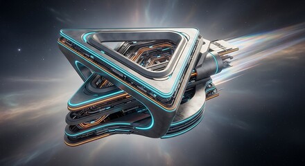 Futuristic triangular spaceship with glowing accents speeding through a cosmic energy field.
