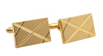 A pair of elegant gold cufflinks with a geometric pattern, isolated on transparent background
