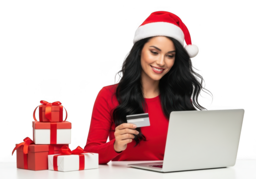 Woman in santa hat using credit card and laptop with christmas gifts, isolated on transparent background