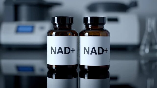 The image features a pair of amber glass bottles labeled as containing NAD plus nicotinamide adenine dinucleotide. These bottles hold a dietary supplement aimed at boosting cellular repair and metabol