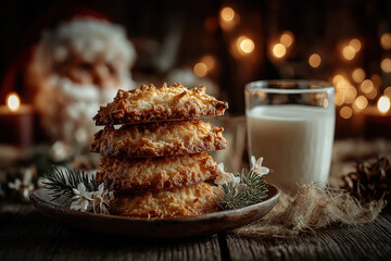 Cookies de Noël faits maison avec verre de lait, décorations festives et ambiance chaleureuse hivernale, tradition gourmande du Père Noël